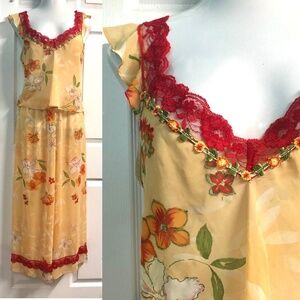 VTG 90s Orange/Red Floral Chiffon Lace Trimmed Culottes Pants/Top Lingerie Set~L